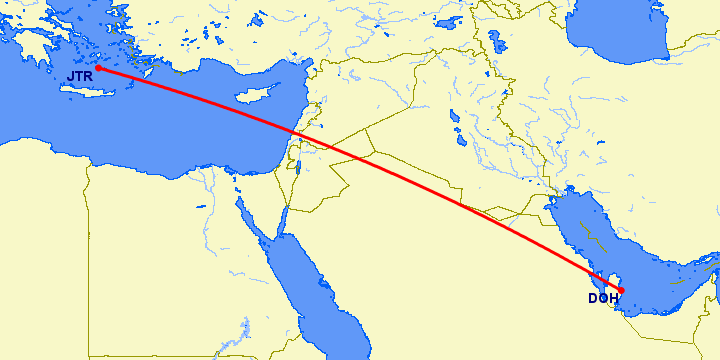 перелет Доха — Санторини на карте