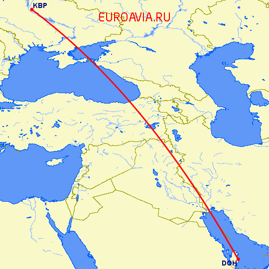 перелет Доха — Киев на карте