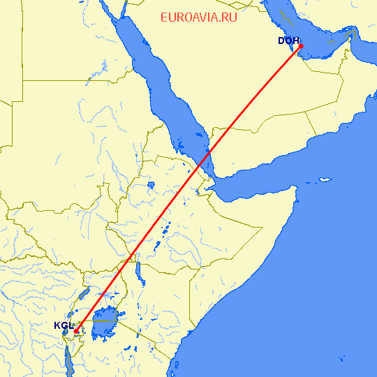 перелет Доха — Кигали на карте