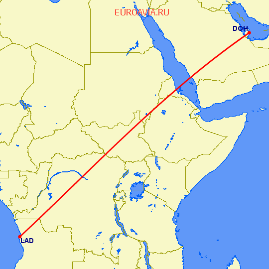 перелет Доха — Луанда на карте