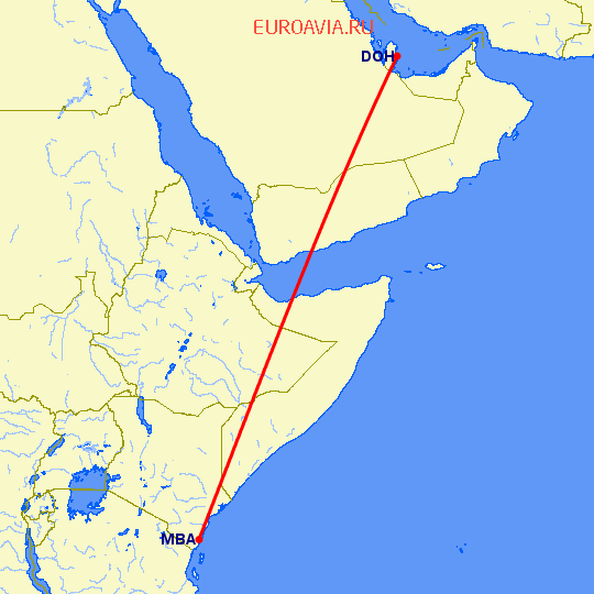 перелет Доха — Момбаса на карте