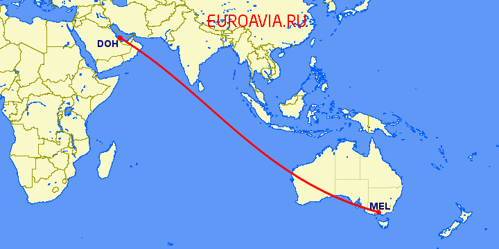 перелет Доха — Мельбурн на карте