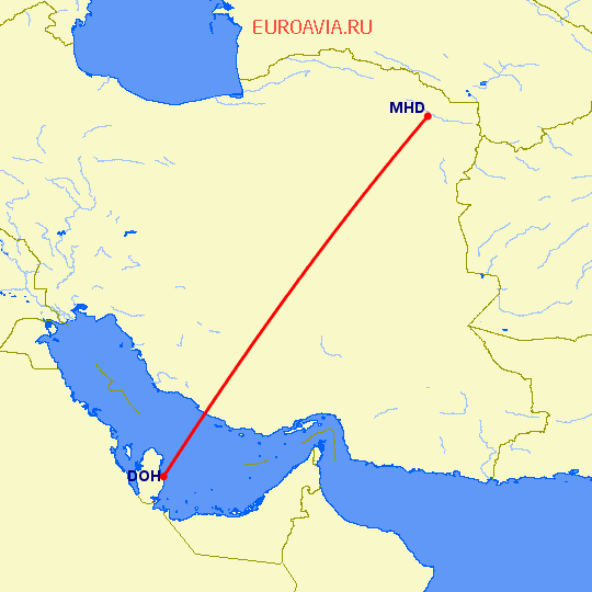 перелет Доха — Машад на карте