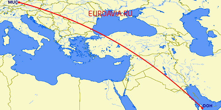 перелет Доха — Мюнхен на карте