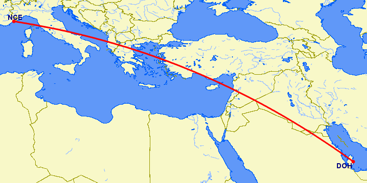 перелет Доха — Ницца на карте