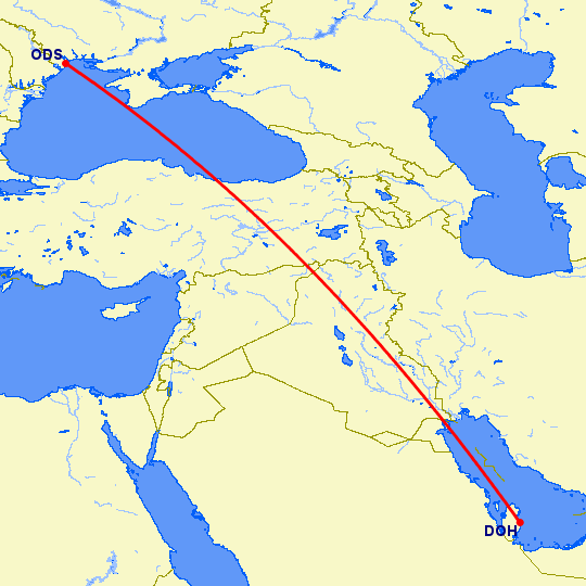 перелет Доха — Одесса на карте