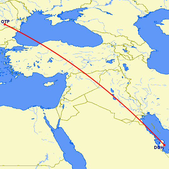 перелет Доха — Бухарест на карте