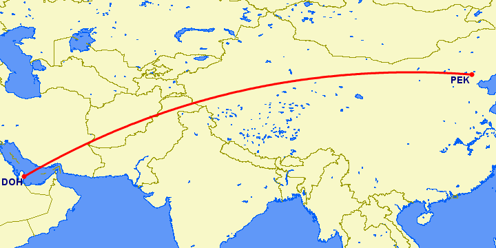 перелет Доха — Пекин на карте
