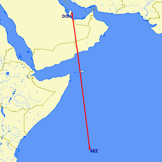 перелет Доха — Остров Махе на карте