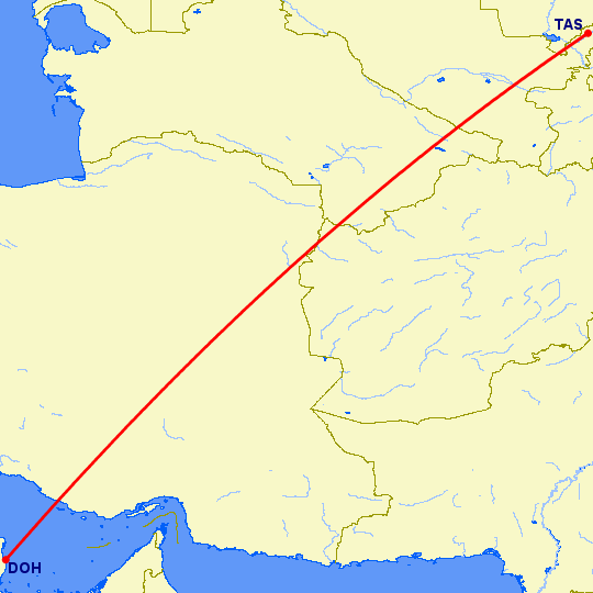перелет Доха — Ташкент на карте