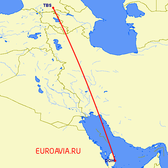 перелет Доха — Тбилиси на карте