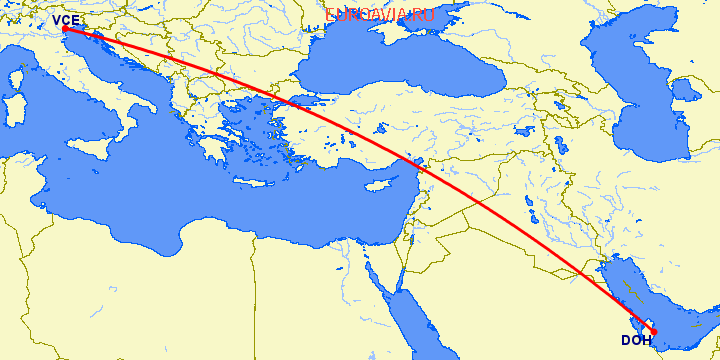 перелет Доха — Венеция на карте