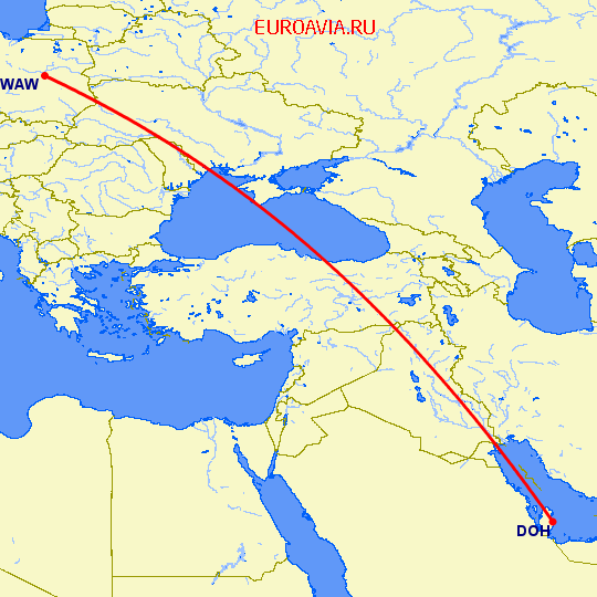 перелет Доха — Варшава на карте