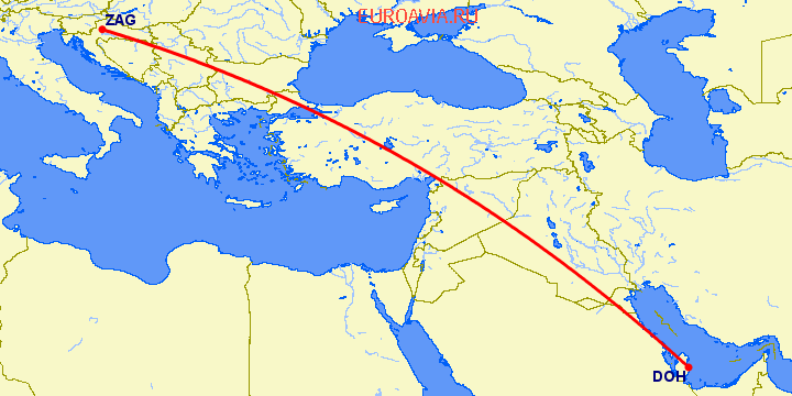 перелет Доха — Загреб на карте