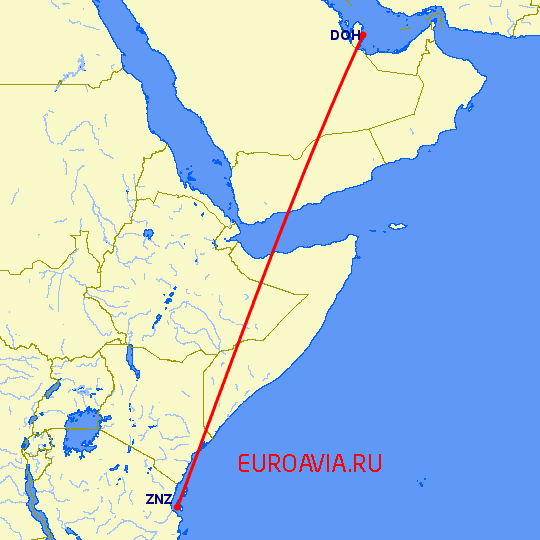 перелет Доха — Занзибар на карте
