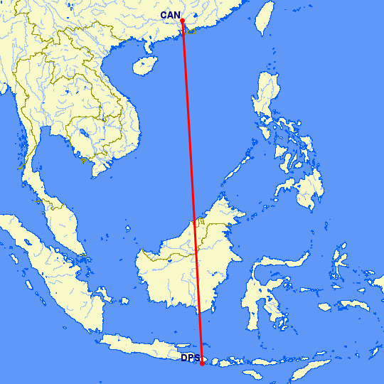 перелет Денпасар — Гуанчжоу на карте