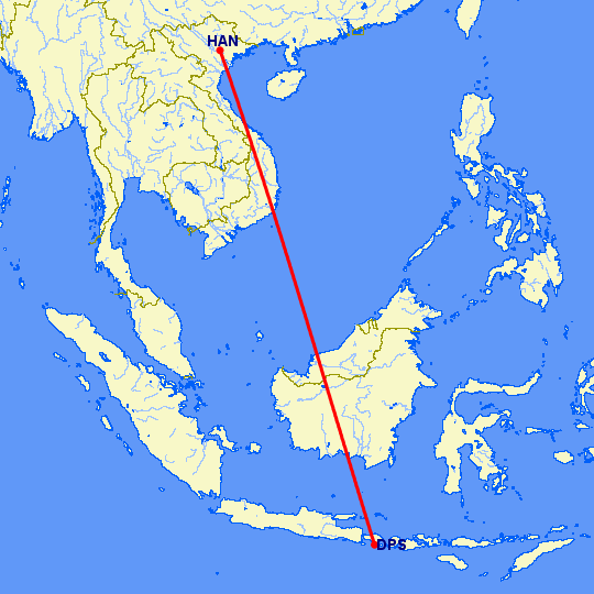 перелет Денпасар — Ханой на карте
