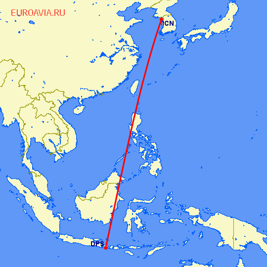 перелет Денпасар — Сеул на карте