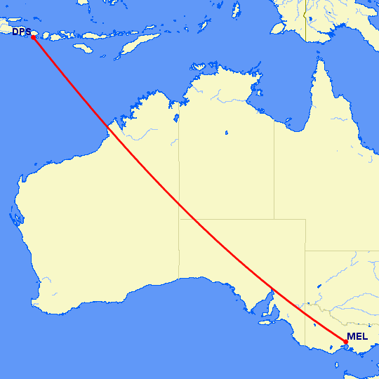 перелет Денпасар — Мельбурн на карте