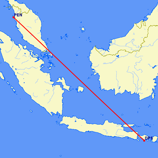 перелет Денпасар — Пенанг на карте