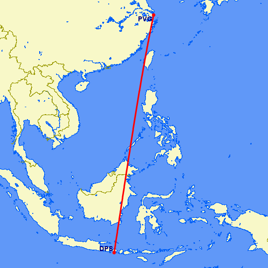 перелет Денпасар — Шанхай на карте
