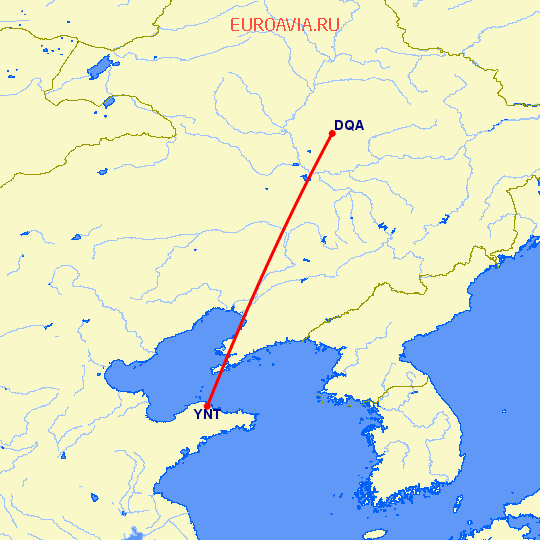 перелет Дацин — Янтай на карте