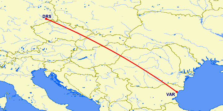 перелет Дрезден — Варна на карте