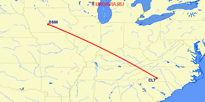 перелет Des Moines — Шарлотт на карте