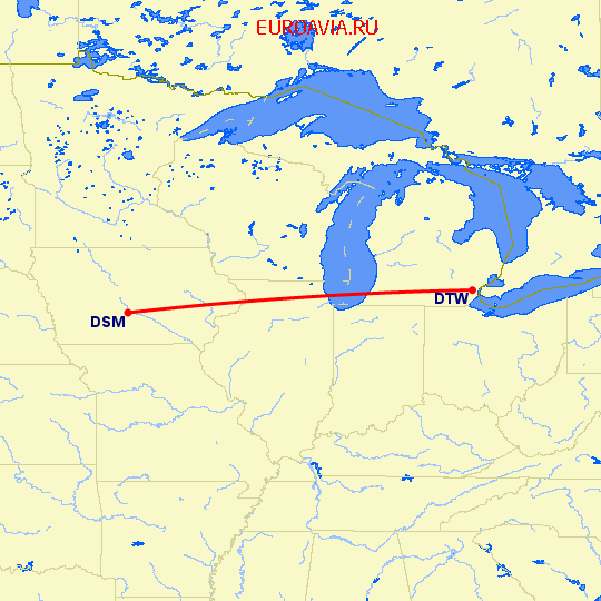 перелет Des Moines — Детройт на карте