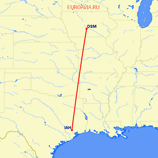 перелет Des Moines — Хьюстон на карте