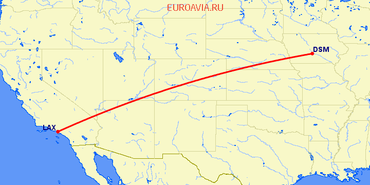 перелет Des Moines — Лос Анджелес на карте