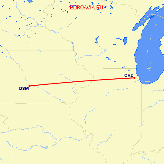 перелет Des Moines — Чикаго на карте