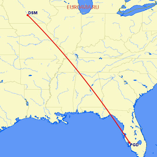 перелет Des Moines — Пунта Горда на карте