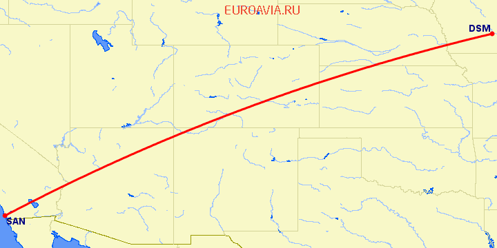 перелет Des Moines — Сан Диего на карте