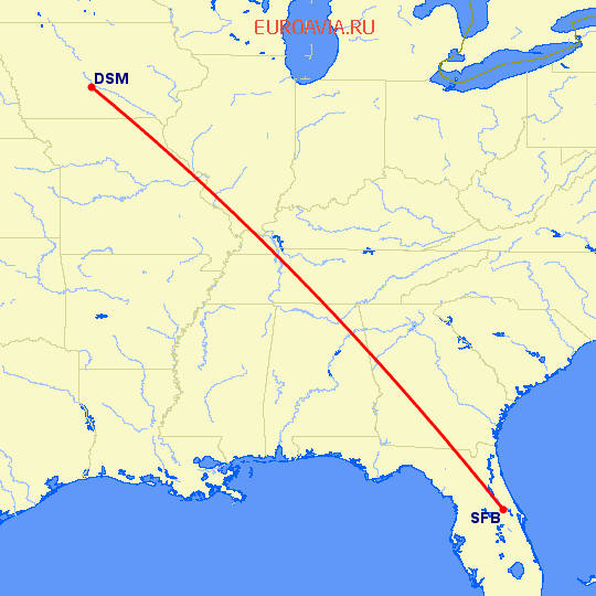 перелет Des Moines — Sanford на карте