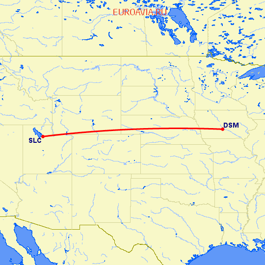 перелет Des Moines — Солт Лейк Сити на карте