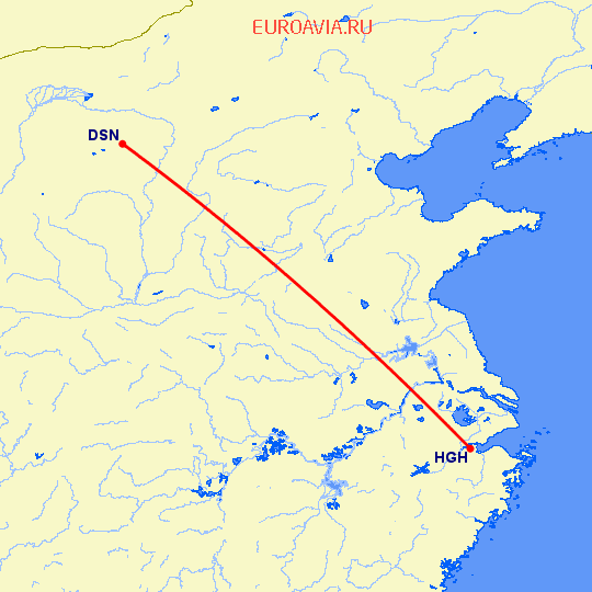 перелет Dongsheng — Ханчжоу на карте