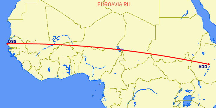 перелет Дакар — Аддис Абеба на карте