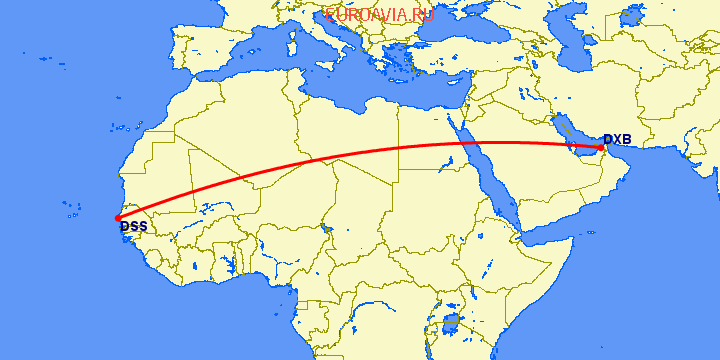 перелет Дакар — Дубай на карте