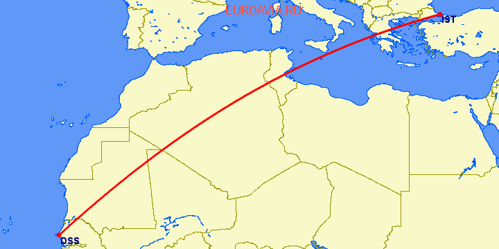 перелет Дакар — Стамбул на карте