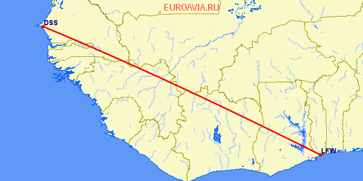 перелет Дакар — Ломе на карте