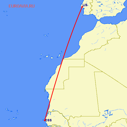 перелет Дакар — Лиссабон на карте