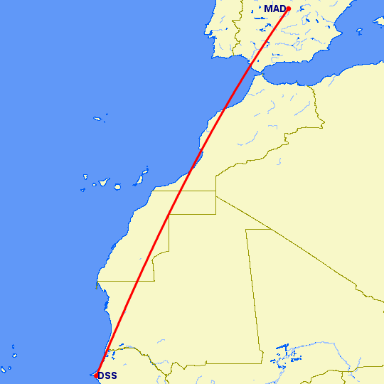 перелет Дакар — Мадрид на карте