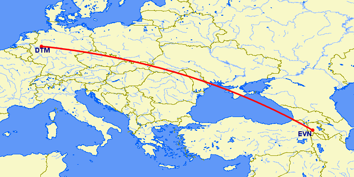 перелет Дортмунд — Ереван на карте