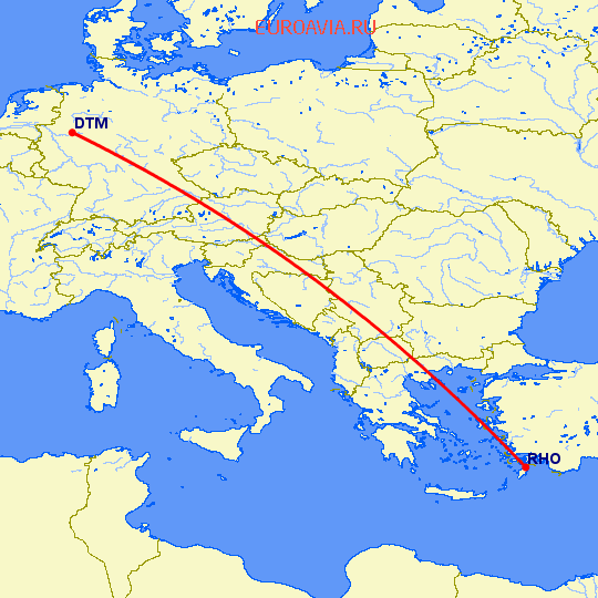 перелет Дортмунд — Родос на карте