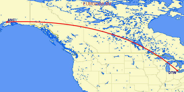перелет Детройт — Анкоридж на карте