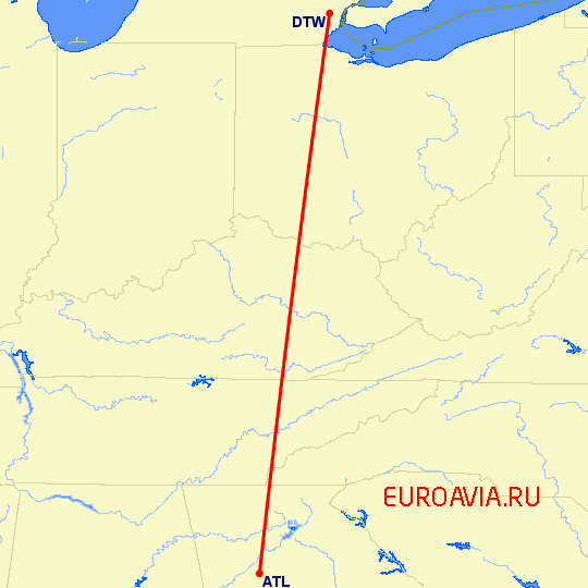 перелет Детройт — Атланта на карте