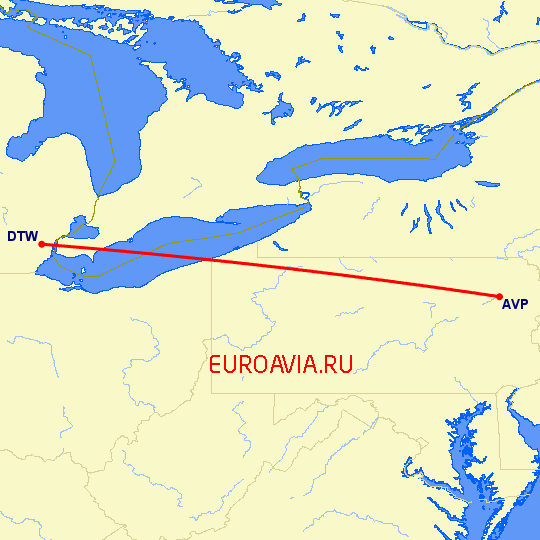 перелет Детройт — Wilkes-Barre-Scranton на карте