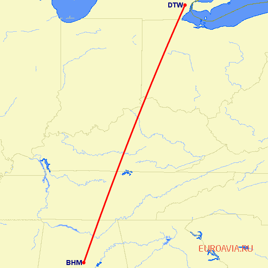 перелет Детройт — Бирмингем на карте
