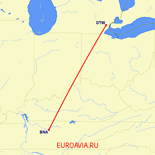 перелет Детройт — Нашвилл на карте